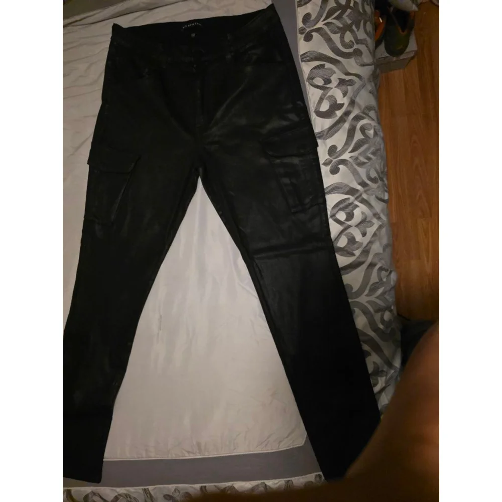 Monfrère Black Coated Cargo Pants Slim Fit Leather Look Size 38